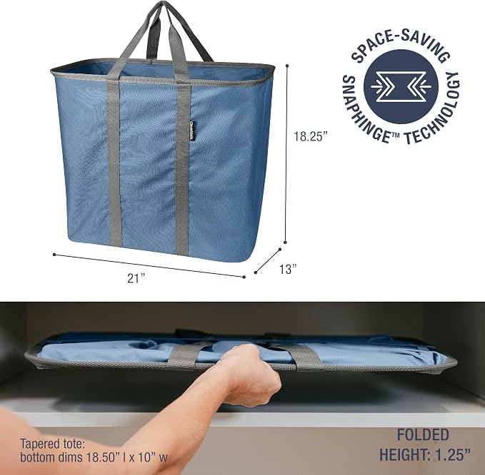 CleverMade Collapsible Laundry Caddy, 64L, 2 Pack, Denim Gray | A reinforced rim and base keep it upright for loading. Comfortable handles move up to 2 full loads, then it folds flat.