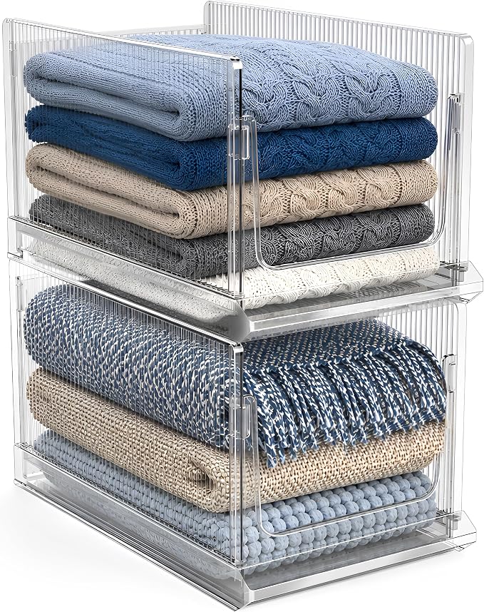 Sorbus Stackable Storage Bins 2 Pack – Extra Large Clear Closet Organizers and Storage, Foldable Shelf Organizer Baskets for Clothes, Towels, Garage Shelving