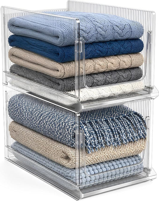 Sorbus Stackable Storage Bins 2 Pack – Extra Large Clear Closet Organizers and Storage, Foldable Shelf Organizer Baskets for Clothes, Towels, Garage Shelving