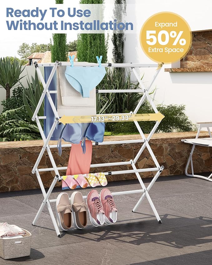 APEXCHASER Oversize 3-Tier Clothes Drying Rack, No Install, White | Expandable Design, Non-slip feet, Tool-free Setup, Rust Prevention, Sturdy Construction, 14.9" D x 29.3" W, Holds 24lbs