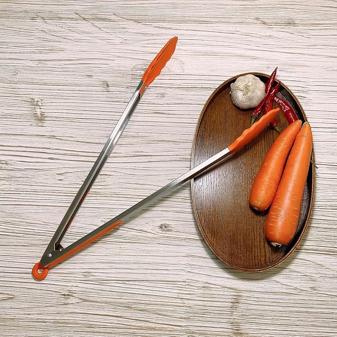 18 inch Extra Long Grill Tongs (2 pcs orange), with Silicone Tip Head, Stainless Steel Barbecue Tongs with Long Handle, Large Sized Food Tong, Extended Serving Tong