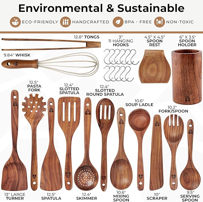 Wooden Spoons for Cooking 13 Pcs – Sturdy & Easy to Clean, Natural Teak Wooden Utensil Set – Non-Scratch Wood Kitchen Utensils Set with Spatula, Ladle, Spoons, Tongs, Whisk, Holder, Spoon Rest & Hooks