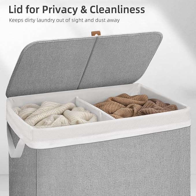 STORAGE MANIAC Double Laundry Hamper with Lid, 140L Tall Metal Frame Laundry Baskets with Removeable Bag, Large Clothes Hamper with PU Tag, Laundry Bin for Dorm, Collage, Bathroom, Bedroom, Gray