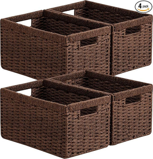 UBBCARE 4 Pack Wicker Basket, 13.4L×8.3H×7.1W inch Woven Paper Rope Storage Baskets for shelves, Foldable Rectangular Storage Baskets with Handle, Storage Basket for Organizing, Dark Brown