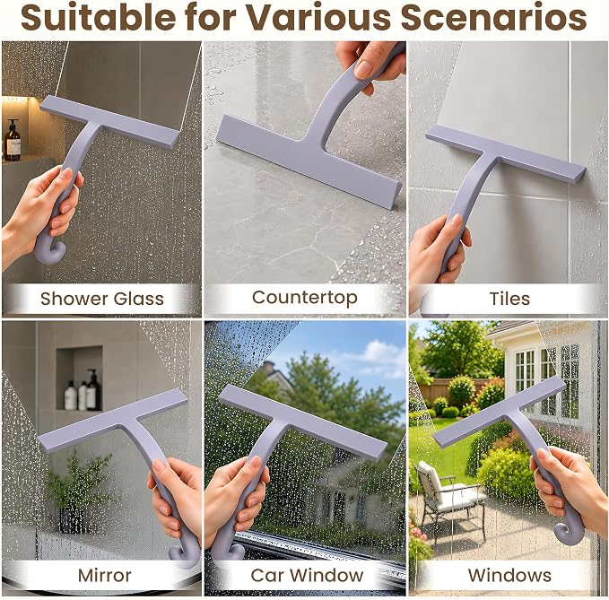 Shower Squeegee for Glass Doors - 10 Inch Bathroom Squeegee with Ergonomic Round Grip, Built-in Hook, Streak-Free No-Squeak Silicone Blade for Shower Glass, Tile Walls, Mirrors & Windows, Grey