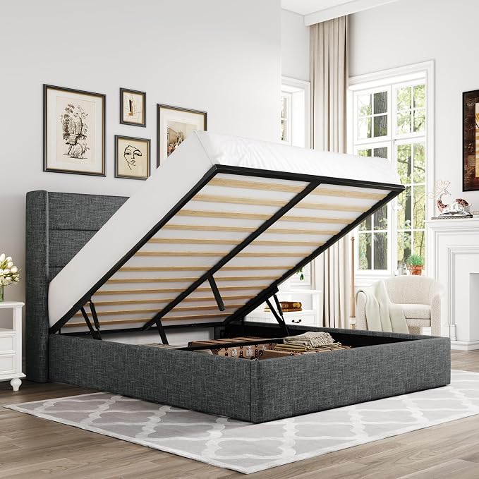 Allewie Queen Size Lift Up Hydraulic Storage Bed Frame Dark Grey | Modern Wingback Headboard, Hydraulic Support Storage, No Box Spring Needed