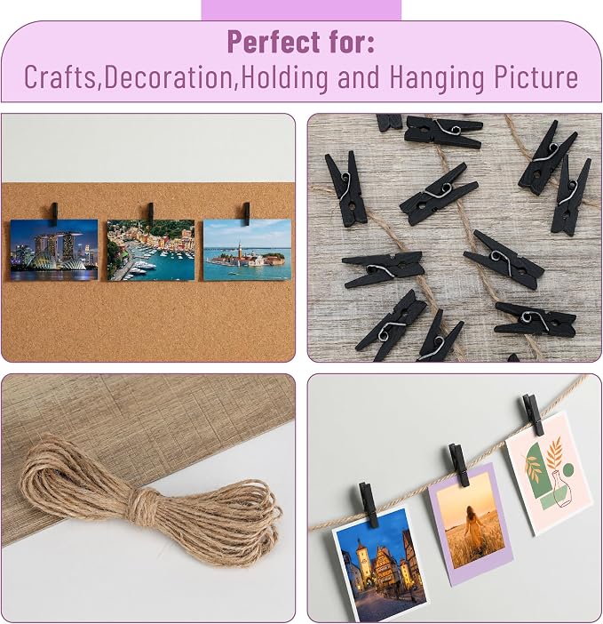 Mr. Pen- Mini Wooden Clothes Pins for Photo, 1 Inch, 200 Pack, Black Small Clothespins with 10 Meter Jute Twine for Scrapbooking, Labeling Plants, Gift Tags, Tiny Crafts, Photo Display, Decoration