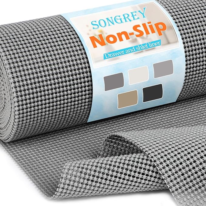 Songrey Non-Slip Shelf Cabinet and Drawer Liner, 17.5IN x 30FT, Dark Gray | No Adhesive Residue, Strong Grip, Thick PVC Mat, for Kitchen Shelves, Bathroom Drawers, Home Essentials, Snip to Fit