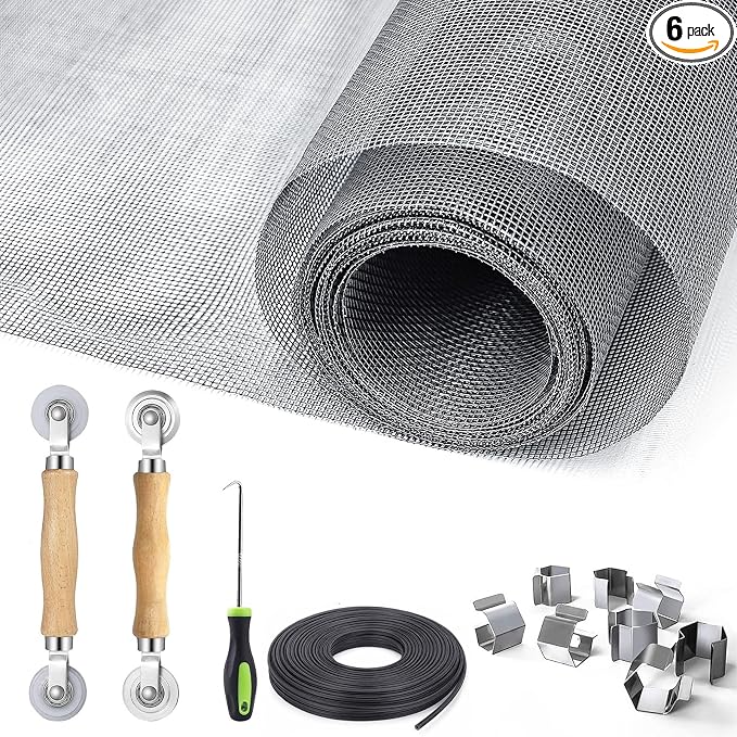 King&Charles Window Screen Replacement, 6in1 Window Screen Door Repair Kit | 59"x106" Gray Screen Mesh, Steel/Nylon Bearing Roller, 0.14in x 50ft Spline, 8 Clips & Hook for Windows, Doors, Patio & RV