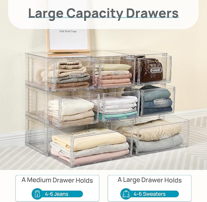 Vtopmart 2 Pack Clear Stackable Storage Drawers 15QT, Easily Assemble Closet Organizers,Plastic Storage Bins for Bathroom,Cabinet,Kitchen Pantry,Under Sink Organization(Medium)