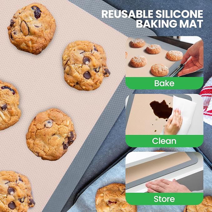 Nutrichef Silicone Baking Mats - 2 Non-stick Food-Grade Reusable Silicone Mats - Perfect for Half Baking Pans 16.5 x 11.6 IN - Oven-Safe Up to 480 Degrees F - Safe for Ovens & Dishwashers - Grey