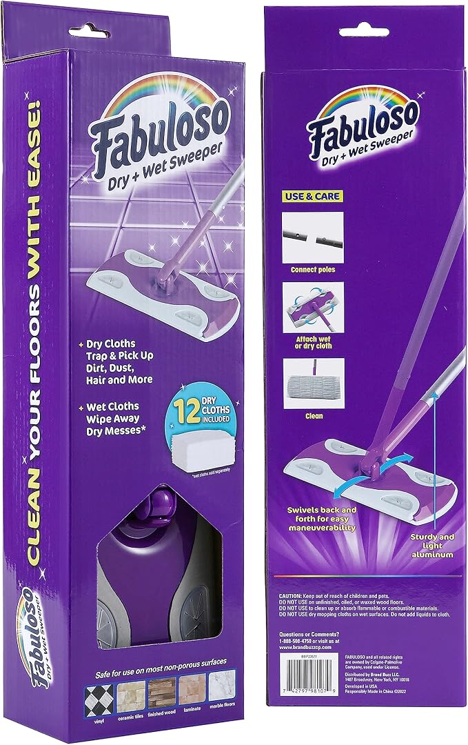 Fabuloso Dry and Wet Sweeper | 2-in-1 Sweeping and Mopping | Swivel Head | Lightweight Aluminum | Pack of 12 Dry Cloths