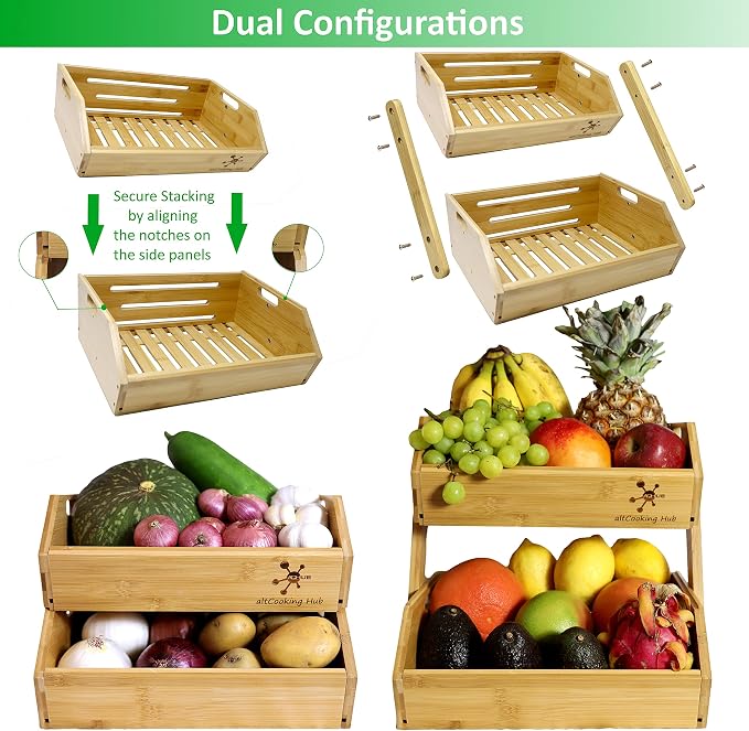 Bamboo Open-Front Stacking Storage Bin -Configurable as 2-Tier Fruit Basket