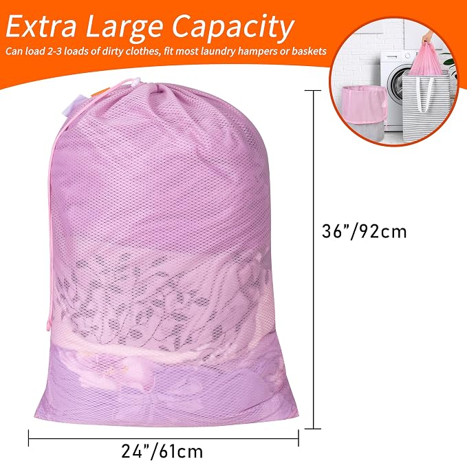 2 Pack Heavy Duty Diamond Mesh Laundry Bag, 24x36", Pink | Drawstring & ID Tag, Breathable Mesh, Machine Washable, Commercial Grade, , For College Dorms, Travel, Sports Equipment