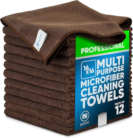 MW Pro Microfiber Cleaning Cloth | Brown | 12 Pack | 16” x 16” | Coffee, Barista, Espresso Towels - Clean, Dust, Polish, Scrub, Absorbent