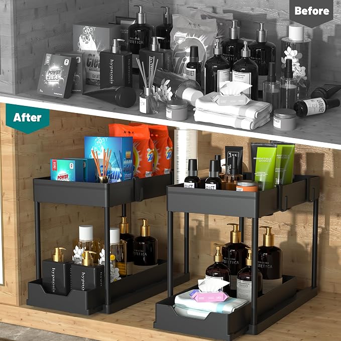 Under Sink Organizer 2 Pack,2 Tier Slide Out Storage for Kitchen Bathroom | Multi-purpose Under Cabinet Storage Rack Fit Kitchen Sink, Bathroom Vanity, Easy Assembly