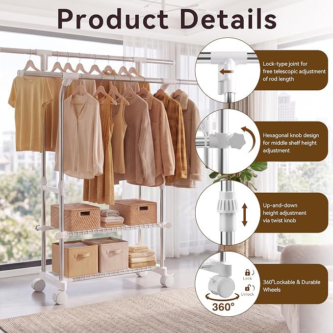 RORA Double Rod Clothes Rack, Clothing Rack with wheels, Extendable, Silver | Stainless Steel, Ideal for Bedroom & Laundry Room, Height-Adjustable, 2-Tier Shelves, Portable Garment Rack, Wardrobe Rack