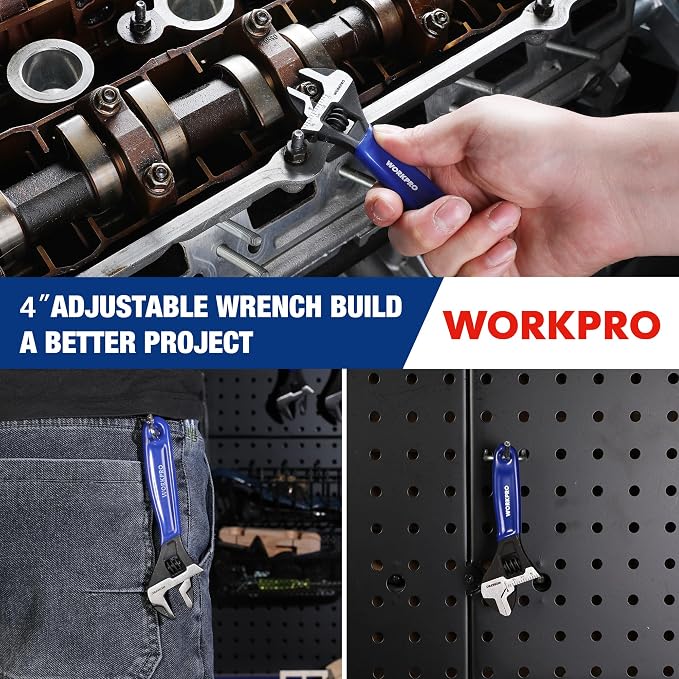 WORKPRO 4-Inch Mini Adjustable Wrench, Wide Jaw Cr-V steel Wrench | Black Oxide Finish, Metric & SAE Scales, Compact Size for Small Nuts, Home Projects, Workshop and DIY Tasks.