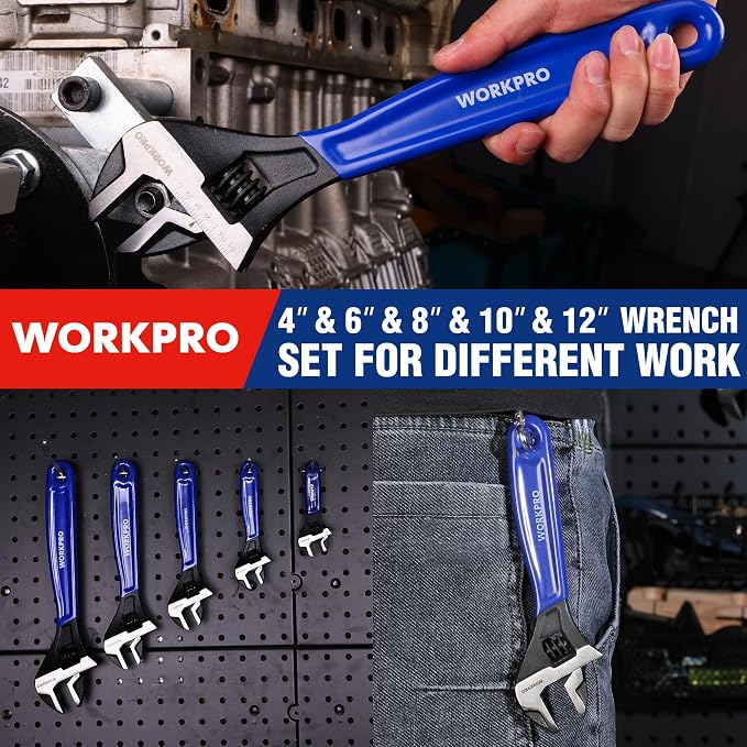 WORKPRO 5 PCS Adjustable Wrench Set, 4", 6", 8", 10" 12" Wide Jaw Wrenches | Cr-V Steel Wrenches with Black Oxide Finish, Metric & SAE Scales for Home, Garage and Workshop Use