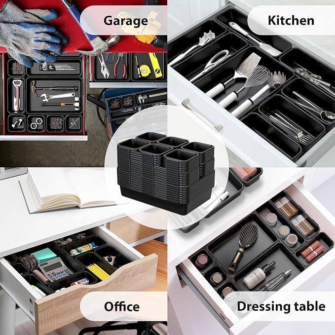 Simple Houseware Interlocking Desk Drawer Bins Organizer, 42 Packs, Black | Great for Makeup Vanity, Bathroom, Office Drawers