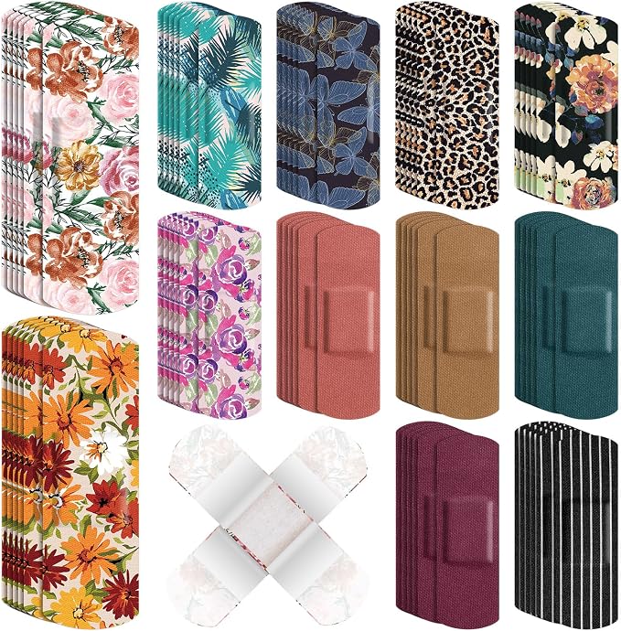 Threlaco 180 Pcs Flexible Fabric Adhesive Bandages Bulk Assorted Bandages Floral Breathable Fabric Strip with Non Stick Pad, Flexible Protection Wound Care for Women Cuts Scrapes First Aid, 12 Styles