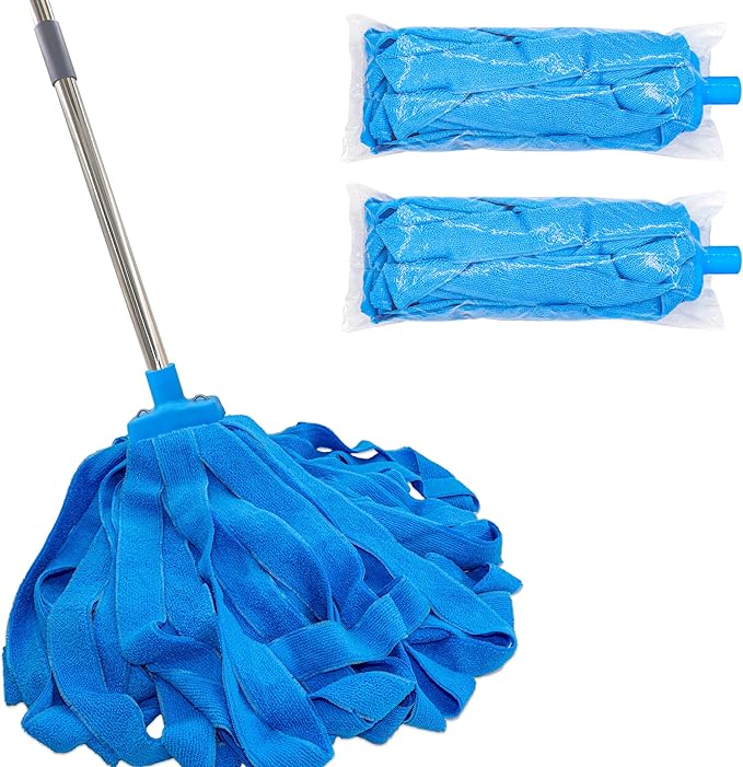 EaseYourDay Screw On Microfiber String Mop, One Stainless Steel Pole + Two Blue Microfiber Cloth Mop Heads