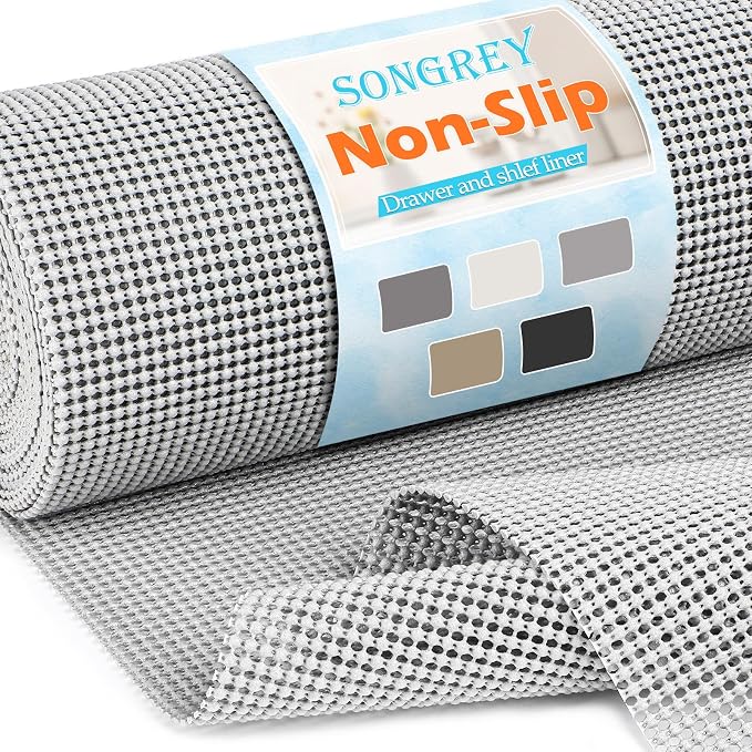 Songrey Non-Slip Shelf Cabinet and Drawer Liner, 12IN x 20FT, Light Gray | No Adhesive Residue, Strong Grip, Thick PVC Mat, for Kitchen Shelves, Bathroom Drawers, Home Essentials, Snip to Fit