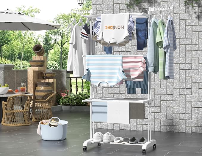 HOMIDEC Clothes Drying Rack, 4-Tier(67.7" H) Foldable Drying Rack Clothing | Foldable Stainless Steel Drying Rack, Movable Laundry Drying Rack with 4 Castors and 14 Hooks for Bed Linen, Clothing, White