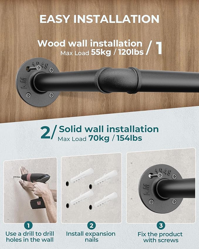 OROPY 65.7" Heavy Duty Industrial Pipe Clothes Rack for Hanging Clothes 2PK | Wall Mounted Clothes Bar, Space Saving Iron Garment Rack, Multi-Purpose Hanging Rod for Bedroom, Closet, Black, 3 Base