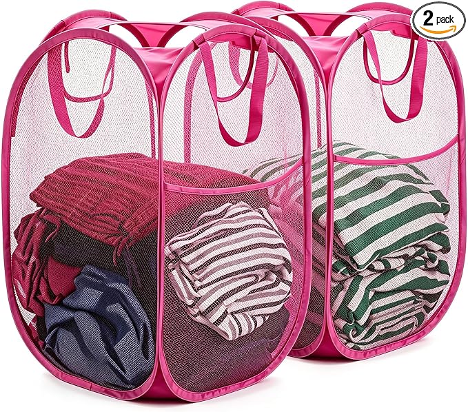 HOUSE AGAIN 2 Pcs Pop Up Laundry Hamper, Strong Mesh Laundry Baskets Collapsible, Hamper with Handles and Side Pocket, Portable Foldable Dirty Clothes for Dorm, Laundry room and Travel Storage, Pink
