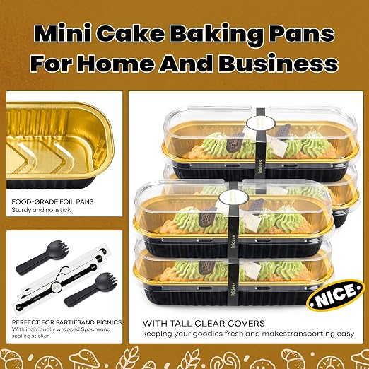NPLUX 100 Pack Mini Cake Pans with Lids and Spoons Black Gold Rectangular Aluminum Foil Baking Pans Mini Cheesecake Containers, Graduation Gifts Party Favors(6.8oz)