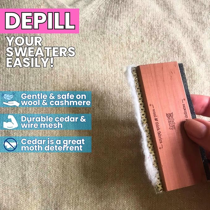 Cashmere Comb for De-Pilling Sweaters - Remove Pills, Lint, and Fuzz from Wool Garments - Dual-Sided Fabric Comb with Cedar Wood Handle