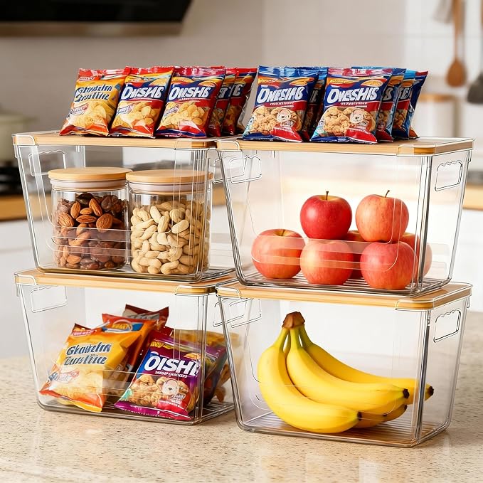 2 Pack Pantry Storage Containers for Onions, Potatoes and Trash Bags | Clear Design for Easy Access, Premium Bamboo Lid, Multi-Functional & Stackable Storage
