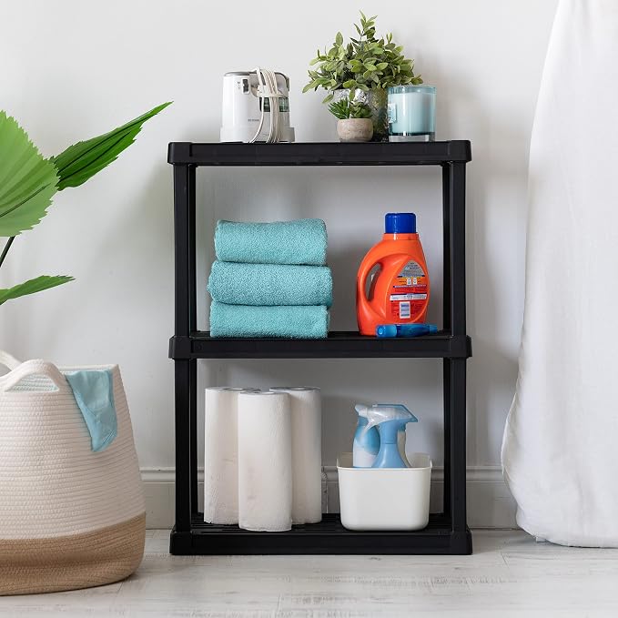 IRIS USA Plastic Storage Shelves |Made in USA| 33"H x 24"W x 12"D - Black | Light Duty Rack Organizer, 150lb Total Capacity, 50lb Per Shelf, Shelving Unit for Bathroom, Laundry, Home & Pantry