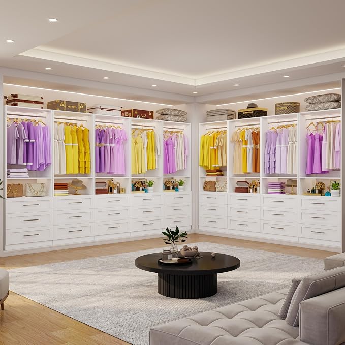 Closet System Set of 4, Closet System with 12 Drawers, 8 Rods & 4 Shelves, 8-21FT Walk in Modular Closet Organizer System, DIY Custom Built in Wood L Shape Closet Organizer Kit, White