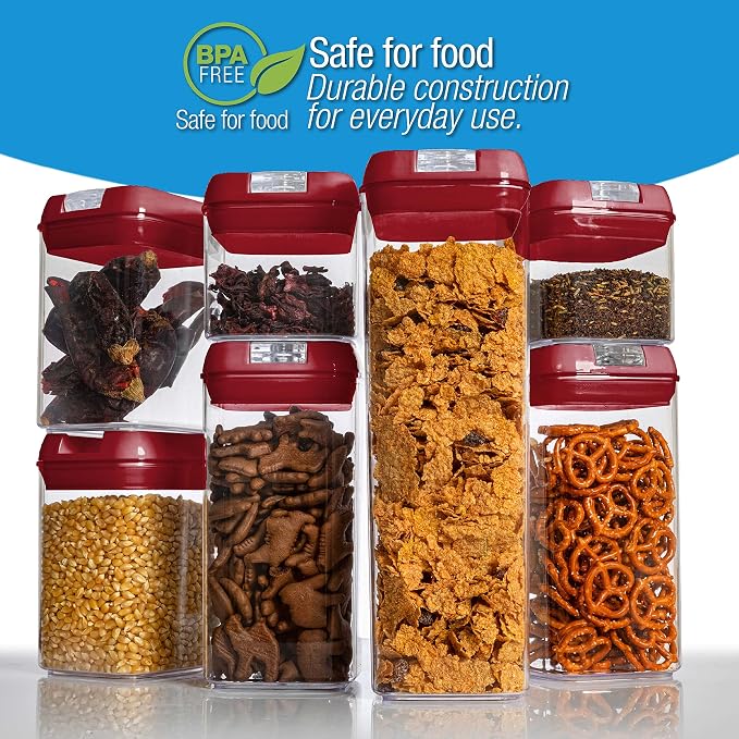 Set of 7 Airtight Food Storage Containers - Pantry Organizer Bins, BPA Free Plastic Containers plus Dry Erase Marker and Labels, Red