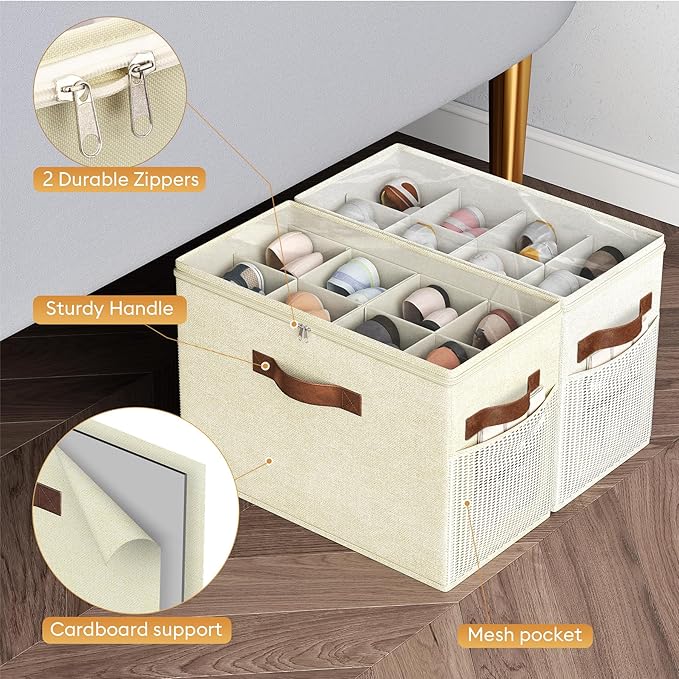 2 Pack Shoe Organizer for Closet, Foldable Shoe Storage with Adjustable | Farbic shoe storage organizer box bin with clear cover, fits up to 16 pairs, shoe storage box for closet, entryway, yellow