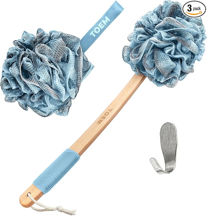 Toem® Loofah Back Scrubber for Shower | Bamboo Charcoal Fiber Infused | Loufas for Men & Women | Includes 1 Long Handled Shower Sponge, 1 Bath & Shower Luffa Pouf & 1 Hook to Hang Stuff (Sky Blue)