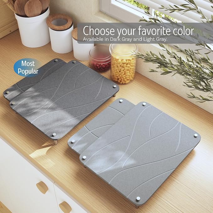 Nested Dish Drying Stone Mat with Bamboo Rack | Large 16"x12" Dish Drying Mat plus 13"x12" Diatomaceous Earth Stone Mat | Expands to 29” x 12” | Premium Stone Mat for Kitchen Counter (Light Gray)