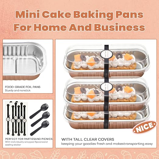 NPLUX 50 PACK Mini Cake Pans with Lids and Spoons, Rectangular Aluminum Foil Bread Pan, Mini Loaf Pans and Food Containers with Lids for Graduation Gifts Party Favors(Champagne, 6.8oz)