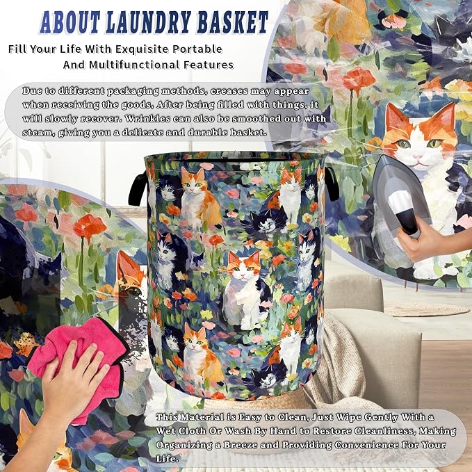 Watercolor Cats Laundry Hamper Oxford Cloth Basket 18.9"x16.5" | Foldable Cute Animal Cat Laundry Basket With Handle Portable Clothes Storage Organizer Bag For Laundry Room/Bathroom/Bedroom