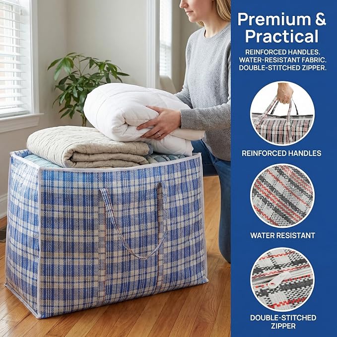 Hiceeden 9 Pack 108L Checkered Moving Storage Bags, Extra Large Travel Plaid Bag Alternative to Moving Boxes, Dorm Laundry Tote Organizer with Zipper and Handle for Clothes, Bedding, Red/Blue/Black