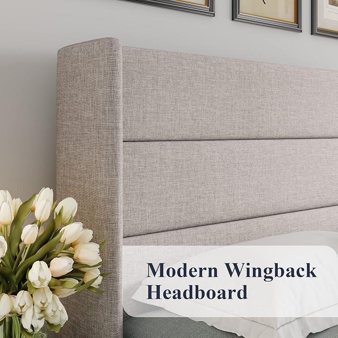 Allewie King Size Lift Up Hydraulic Storage Bed Frame Light Beige | Modern Wingback Headboard, Hydraulic Support Storage, No Box Spring Needed
