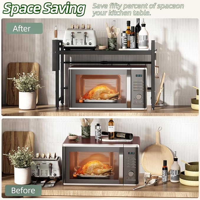 NETEL 2 Tier Expandable Microwave Stand countertop,Microwave Oven Rack | microwave shelf with Cutting Board Holder and Knife Holder, storage shelves for pans &appliances,8 Hooks,55lbs max load,Black