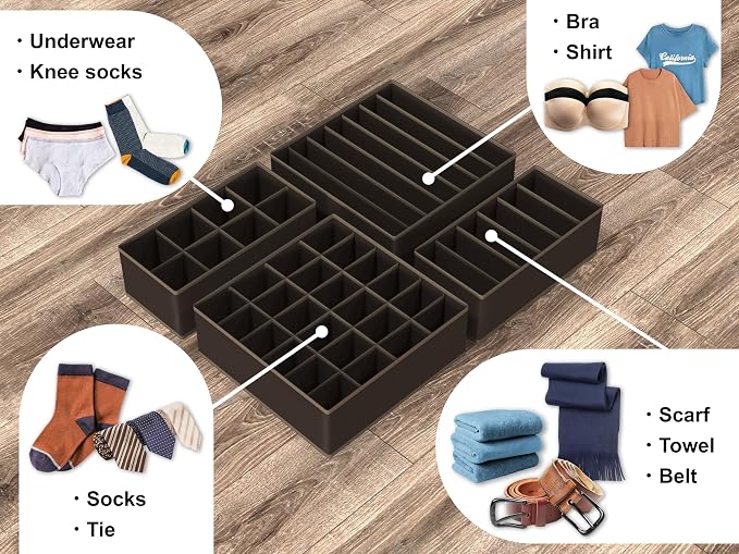 Simple Houseware 4-Pack Drawer Organizer Set for Underwear/Socks/Bra, Brown | Closet Dividers for Underwear, Socks, Bras, Scarves, Ties - Foldable Non-Woven Storage Boxes