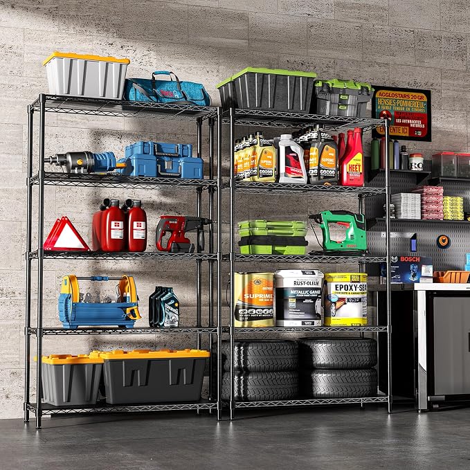 5-Tier Storage Shelves 72" H Wire Shelving, Adjustable Metal Shelving Pantry Shelves, 1325LBS Heavy Duty Rack with Shelf Liners for Garage Commercial Kitchen, 36" W x 14" D x 72" H, Black