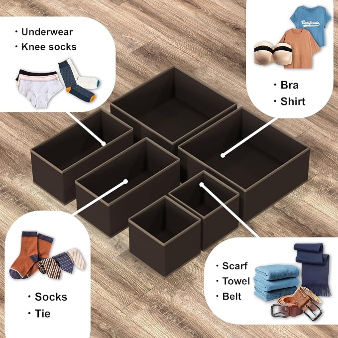 Simple Houseware Underwear Drawer Organizer, Set of 6, Brown | for Lingerie/Undergarment/Bra/Panty/Sock/Onesie