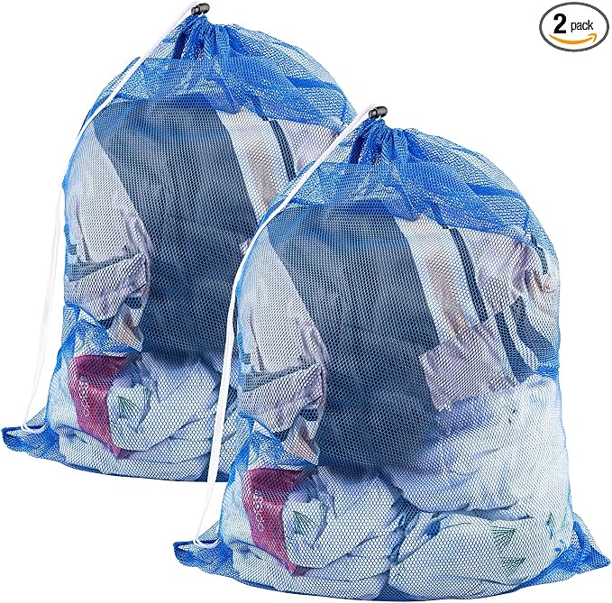 2 Pack Large Mesh Laundry Bags, 24" x 36" Heavy Duty Strong | Drawstring Dirty Clothes Bags, with Soft Breathable Net, Machine Washable, For College, Dorm, Camp, Travel ＆ Family Use(Blue)