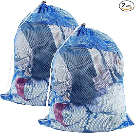 2 Pack Large Mesh Laundry Bags, 24" x 36" Heavy Duty Strong | Drawstring Dirty Clothes Bags, with Soft Breathable Net, Machine Washable, For College, Dorm, Camp, Travel ＆ Family Use(Blue)