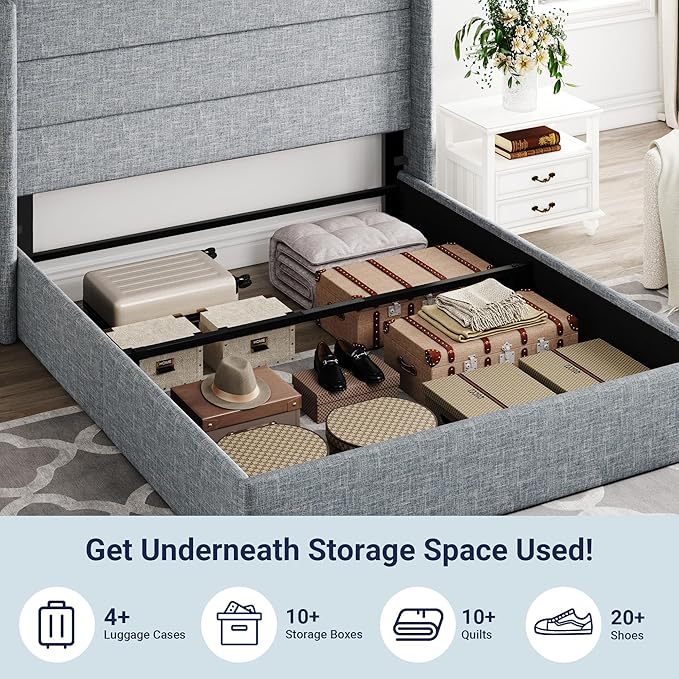 Allewie Queen Size Lift Up Hydraulic Storage Bed Frame Blue Grey | Modern Wingback Headboard, Hydraulic Support Storage, No Box Spring Needed